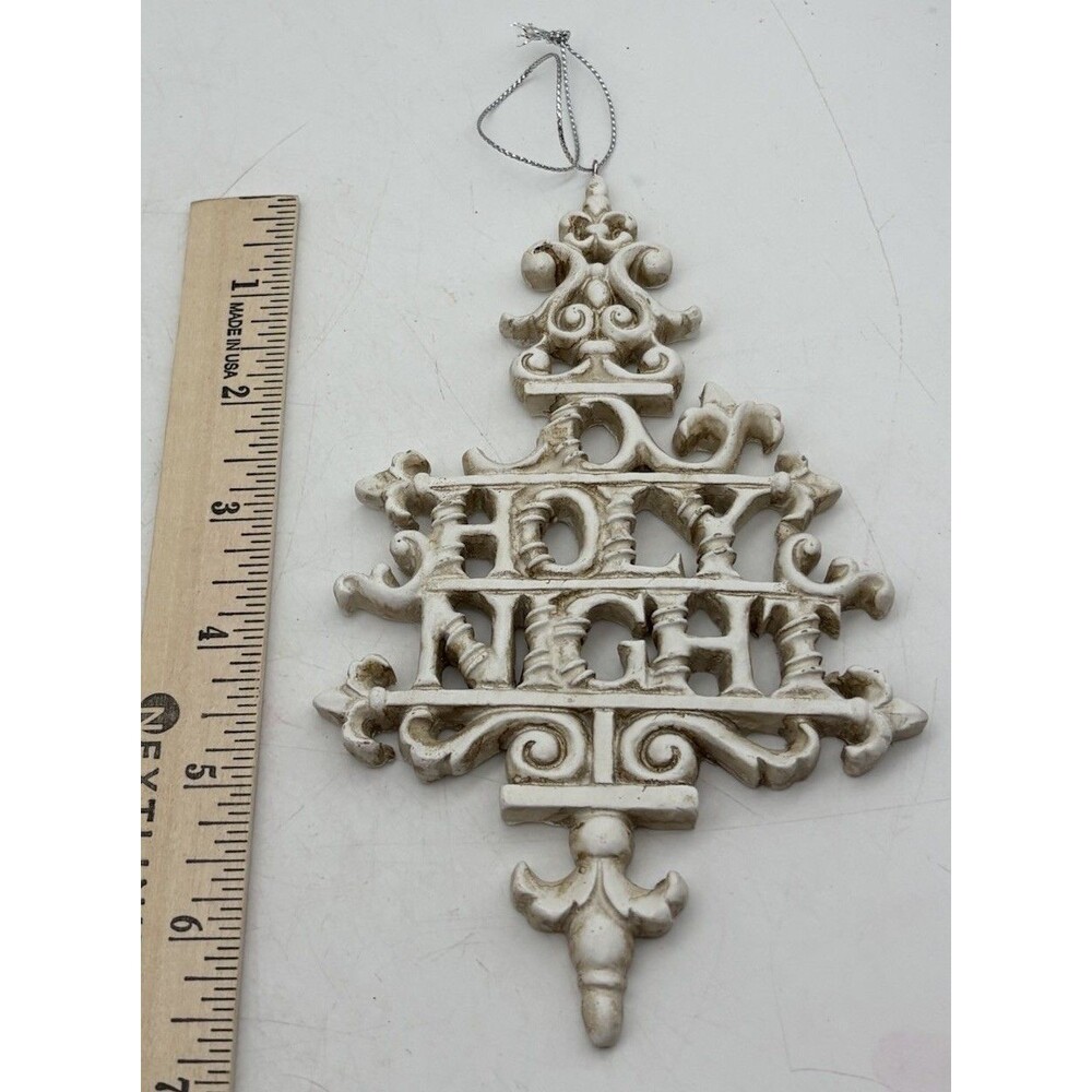 Holy Night Christmas Tree Ornament Distressed White Scrollwork Farmhouse